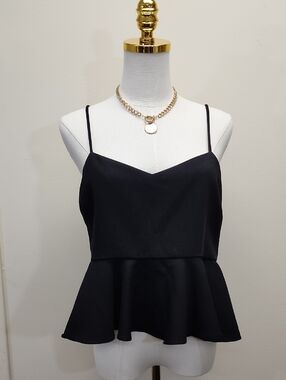 English Factory Black Peplum Camisole Top Spaghetti Strap Flare Hem Size Small
